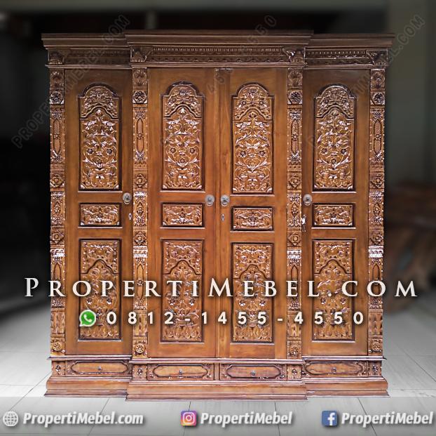 Lemari Pakaian Ukir Gebyok 4 Pintu Jati